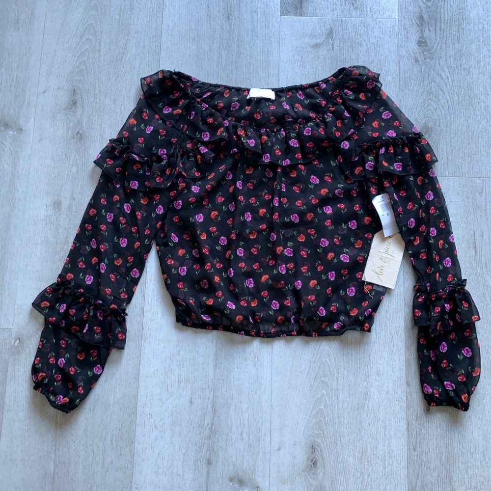 New Love & Piece Collective Black Floral Sheer Ruffle Long Sleeve Crop Top
